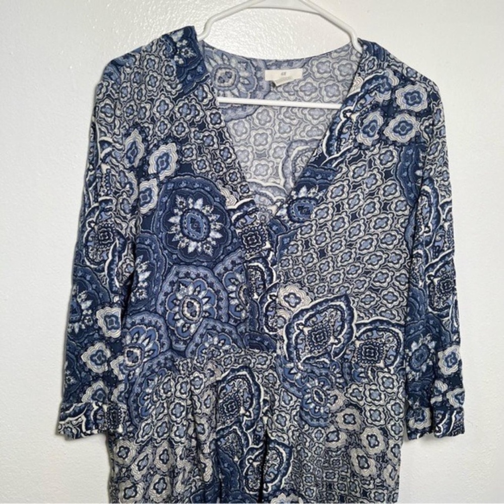 H&M Blue and White Wrap Blouse with 3/4 Sleeves